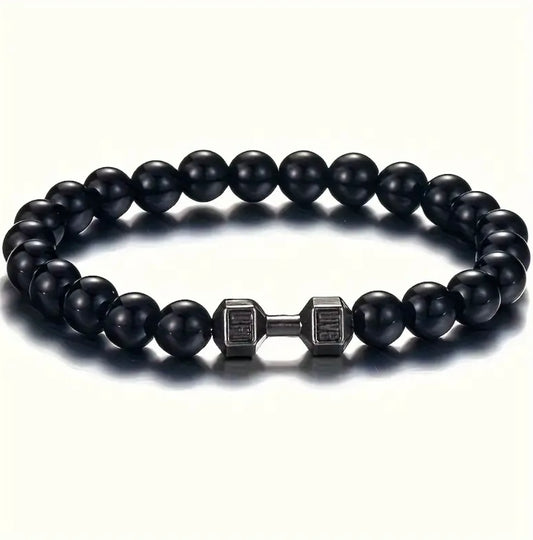 Lava Dumbbell Bracelet Unisex - Natural Shiny Smooth  Stones - UK Stock